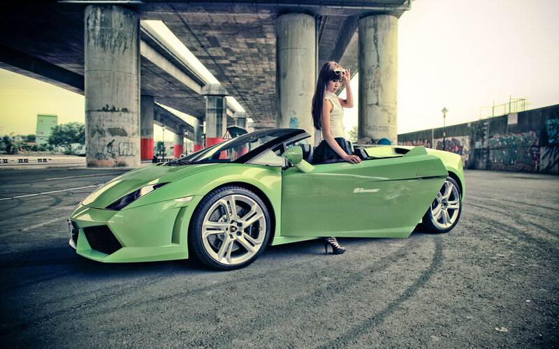 Woman with Green Sports Car — Dramatic