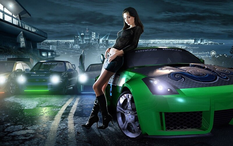 woman with green sports car