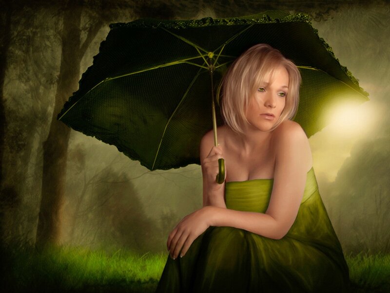 woman with green umbrella