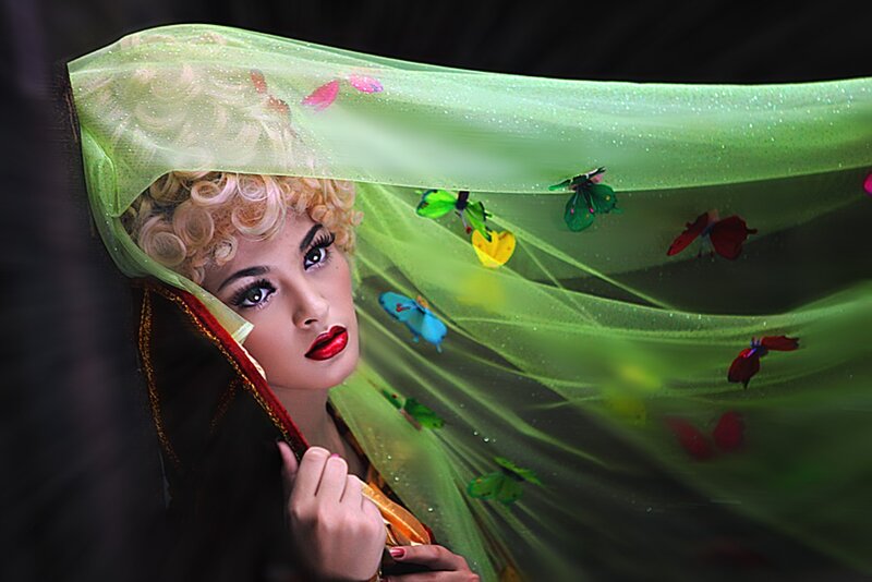 Woman with Green Veil — Dramatic, Photograph, Curly Hair