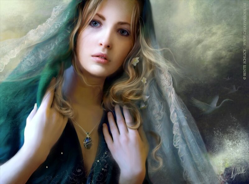 Woman with Green Veil — Serene, Digital Art, Necklace