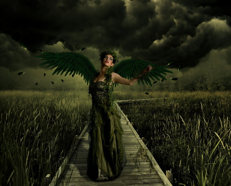 Woman with Green Wings — Dramatic, Night