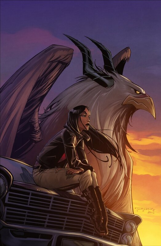woman with griffin on car
