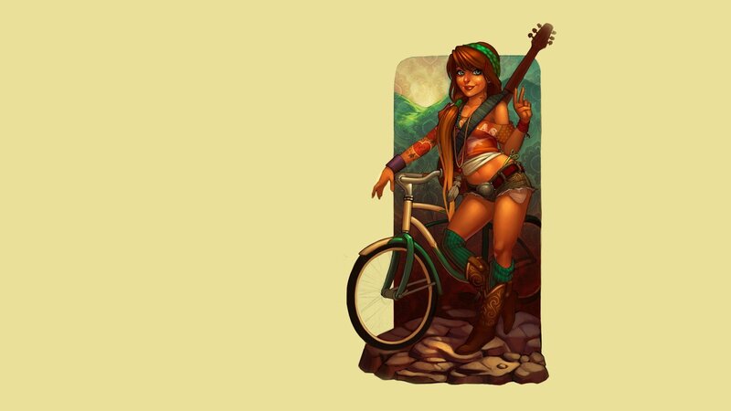 woman with guitar and bicycle