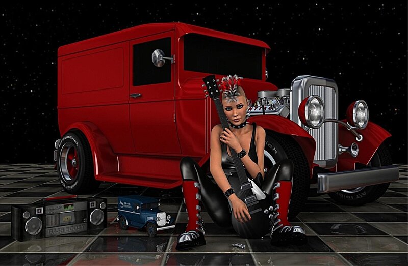 Woman with Guitar and Car — Red