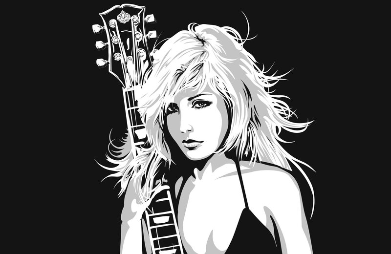 Woman with Guitar — Black, Dramatic, Illustration