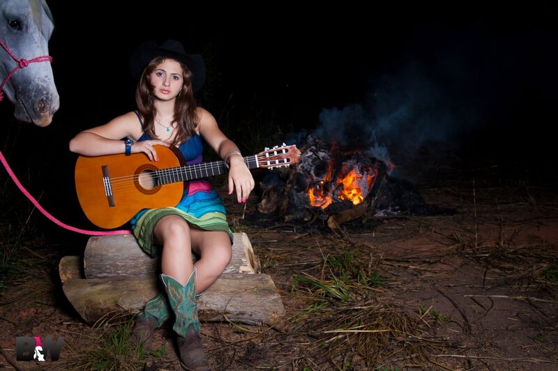 Woman with Guitar — Black, Dramatic, Night, Photograph