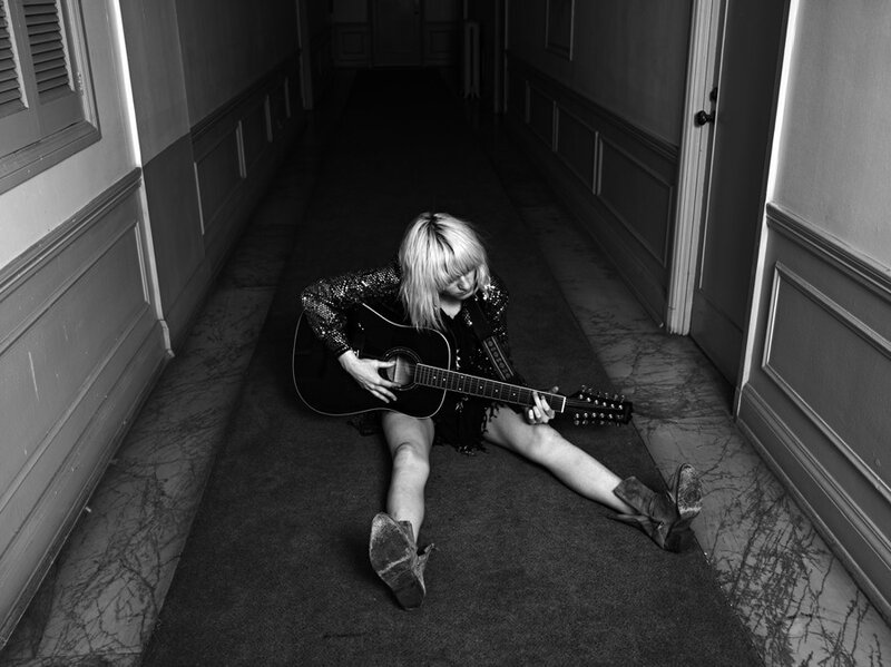 Woman with Guitar — Black, Dramatic, Photograph, Hallway