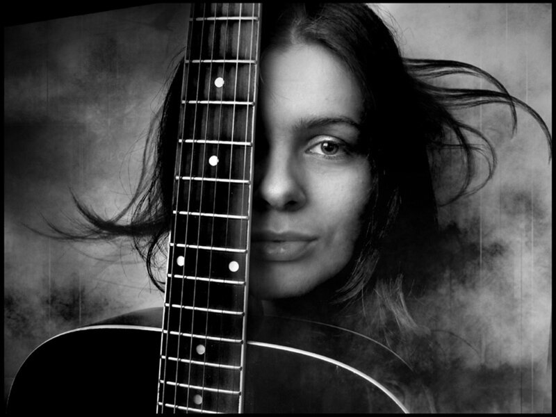 Woman with Guitar — Black, Dramatic, Photograph