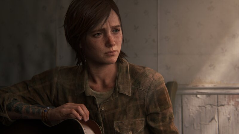 Woman with Guitar — Brown, Somber, 3d Render
