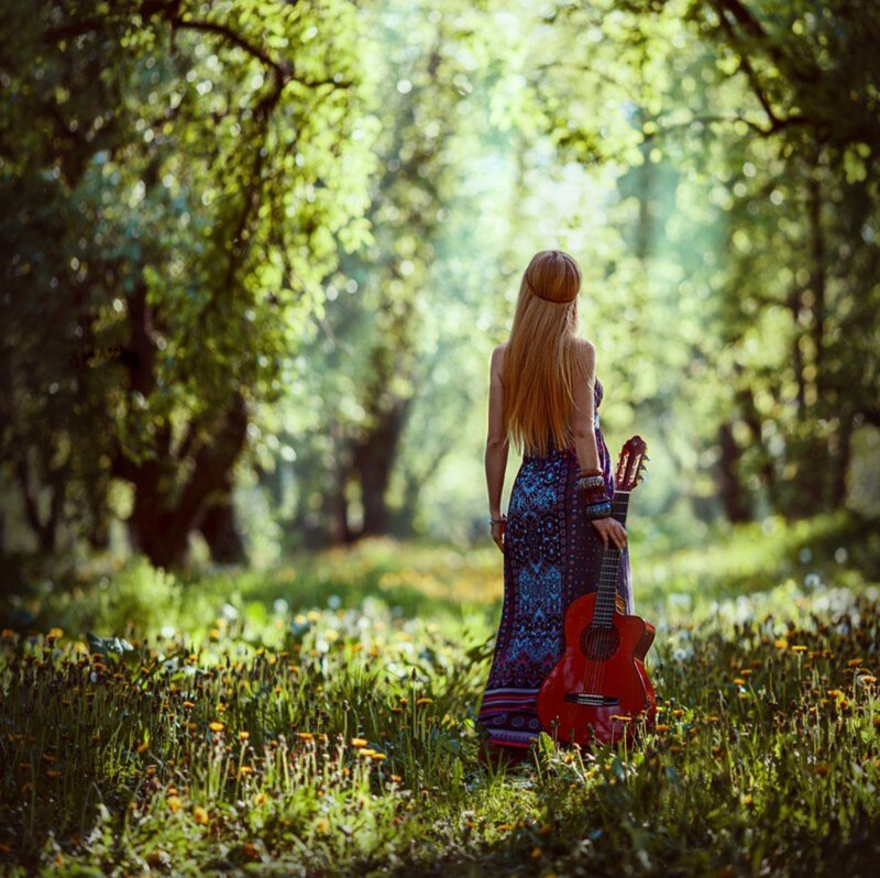 Woman with Guitar in Field — Green