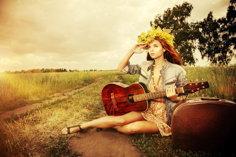 Woman with Guitar in Field — Yellow