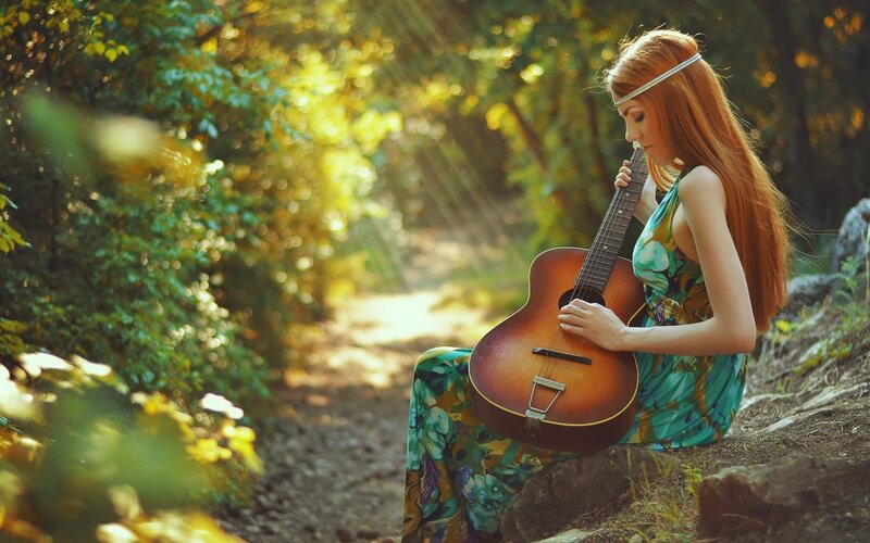 Woman with Guitar in Forest — Green, Serene, Afternoon