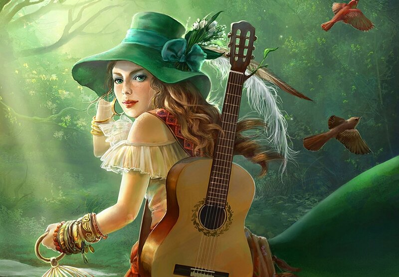 Woman with Guitar in Forest — Green, Serene, Morning