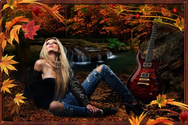 Woman with Guitar in Forest — Orange