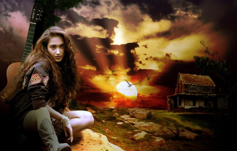 Woman with Guitar — Orange, Dramatic, Sunset