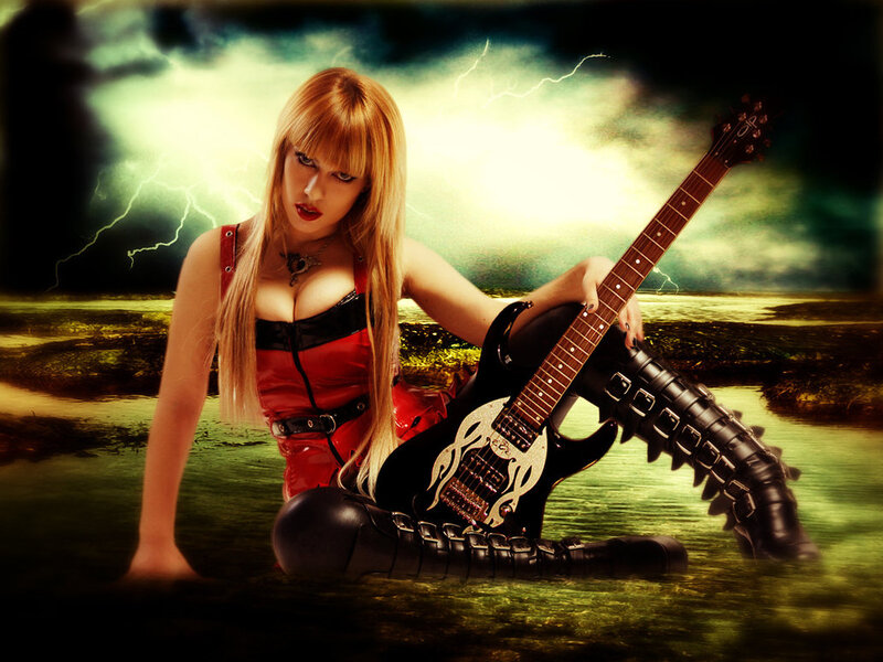 Woman with Guitar — Red, Dramatic, Night