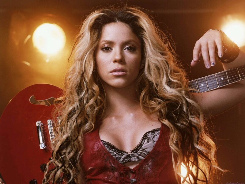 Woman with Guitar — Red, Dramatic, Photograph, Lights, Long Hair