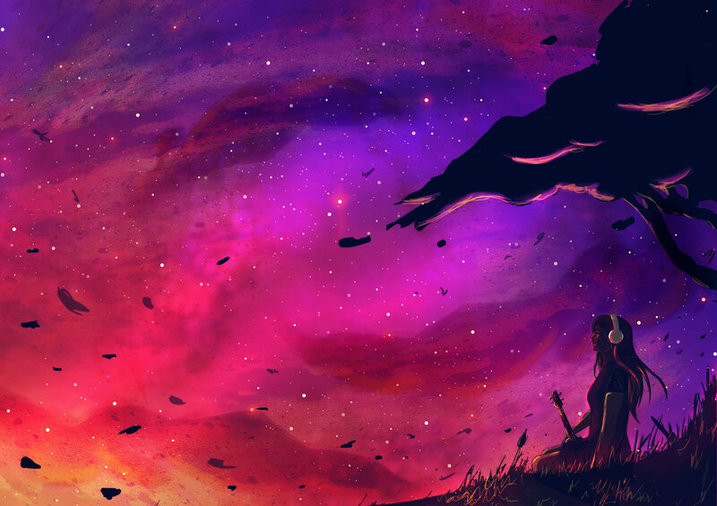 Woman with Guitar under Stars