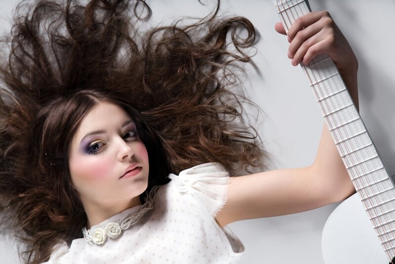 Woman with Guitar — White, Dramatic, Photograph, Makeup