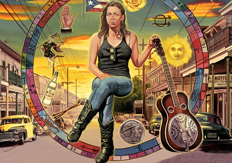 Woman with Guitar — Yellow, Dramatic, Sunset