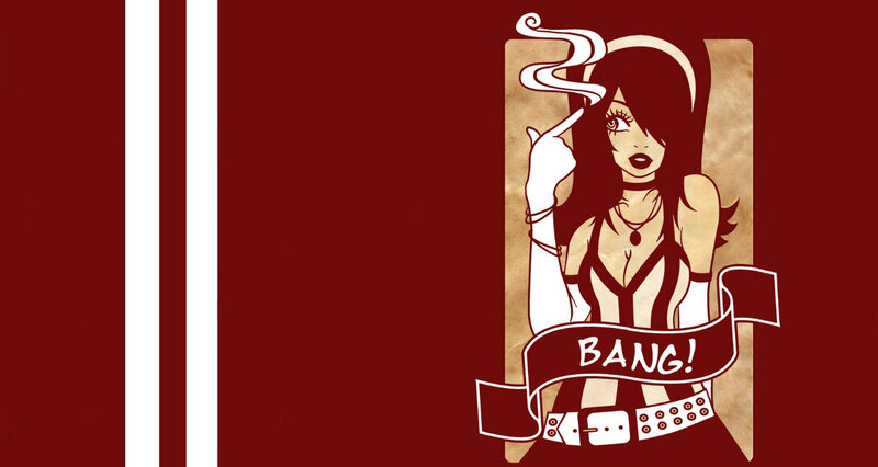 woman with gun and bang text