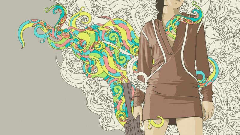 woman with gun and colorful swirls