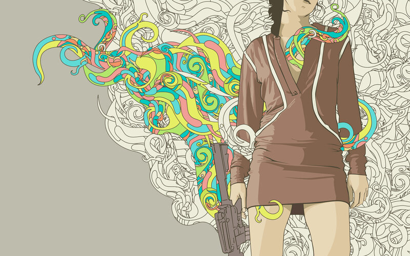 woman with gun and colorful swirls