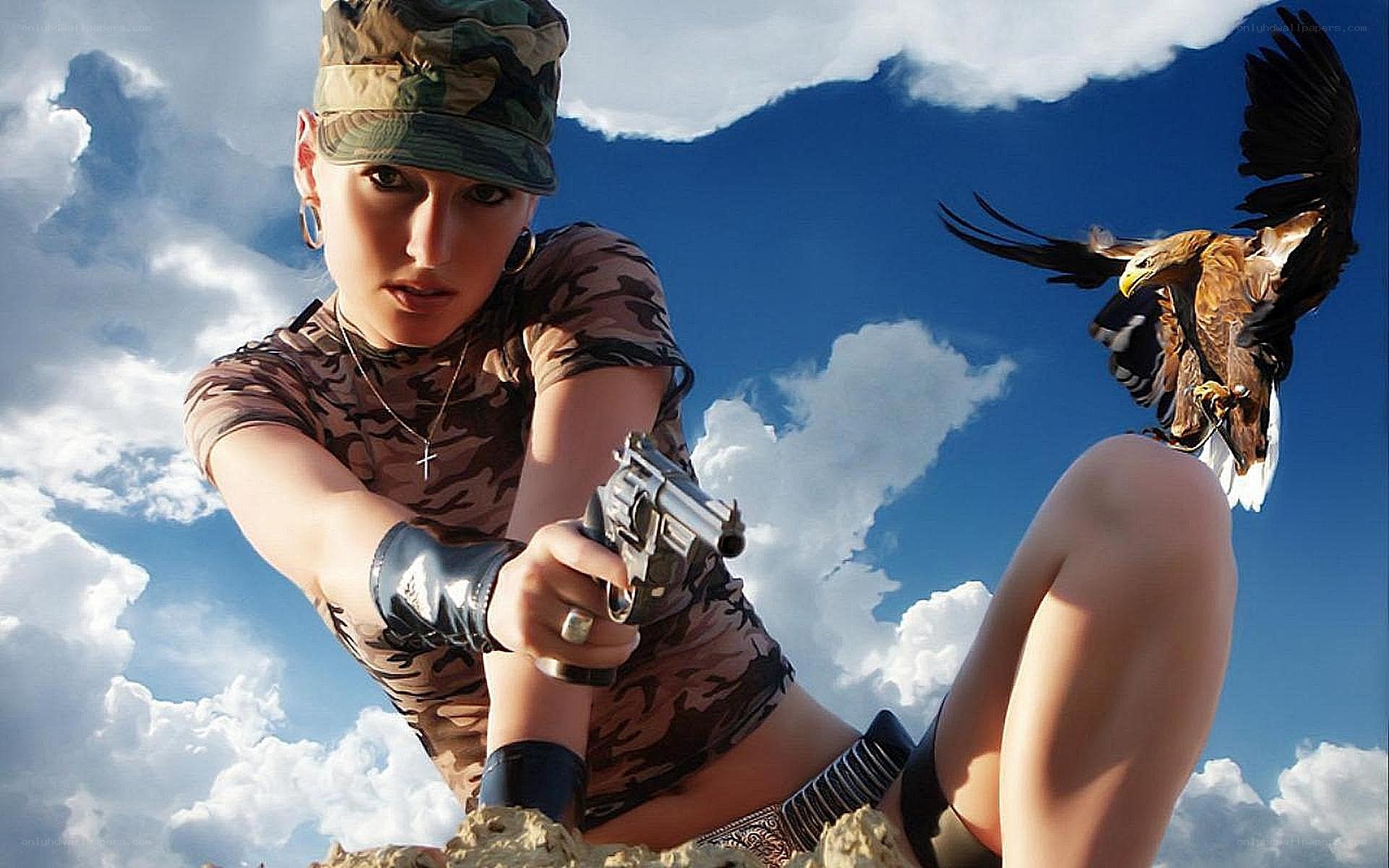 woman with gun and eagle