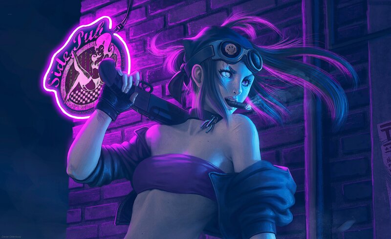 Woman with Gun and Goggles — Purple, Dark, Edgy