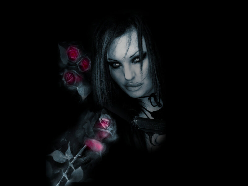 woman with gun and roses
