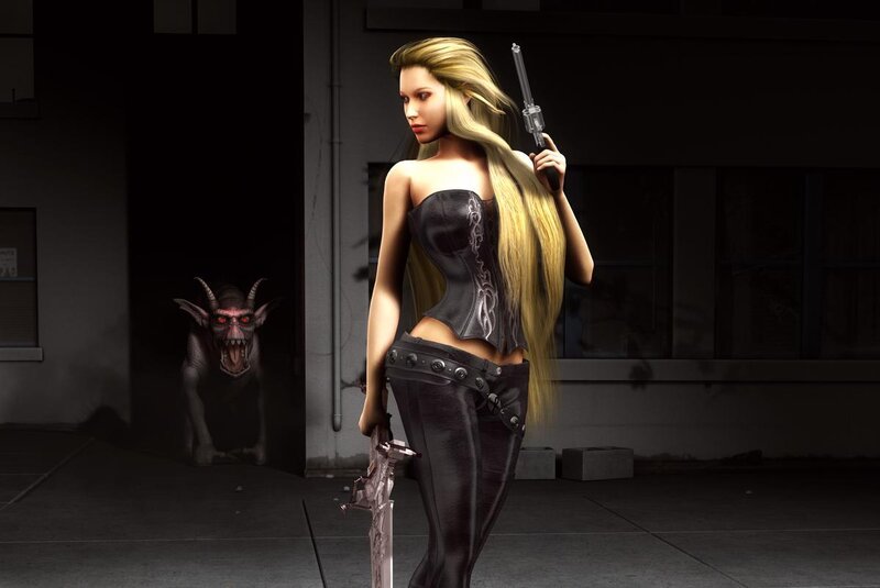 Woman with gun and sword