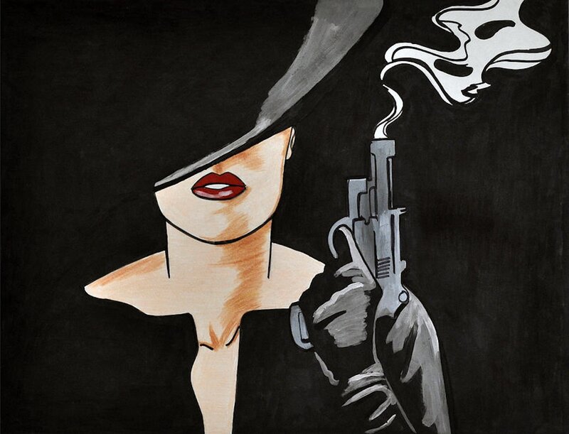 Woman with Gun — Black, Dramatic, Illustration