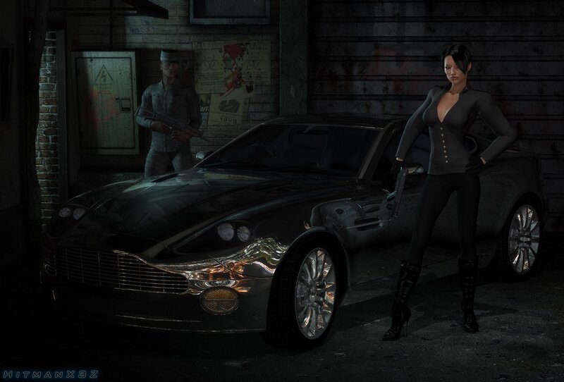 Woman with gun by car