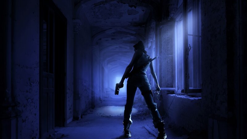 woman with gun in dark hallway