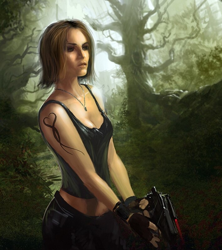 Woman with gun in forest