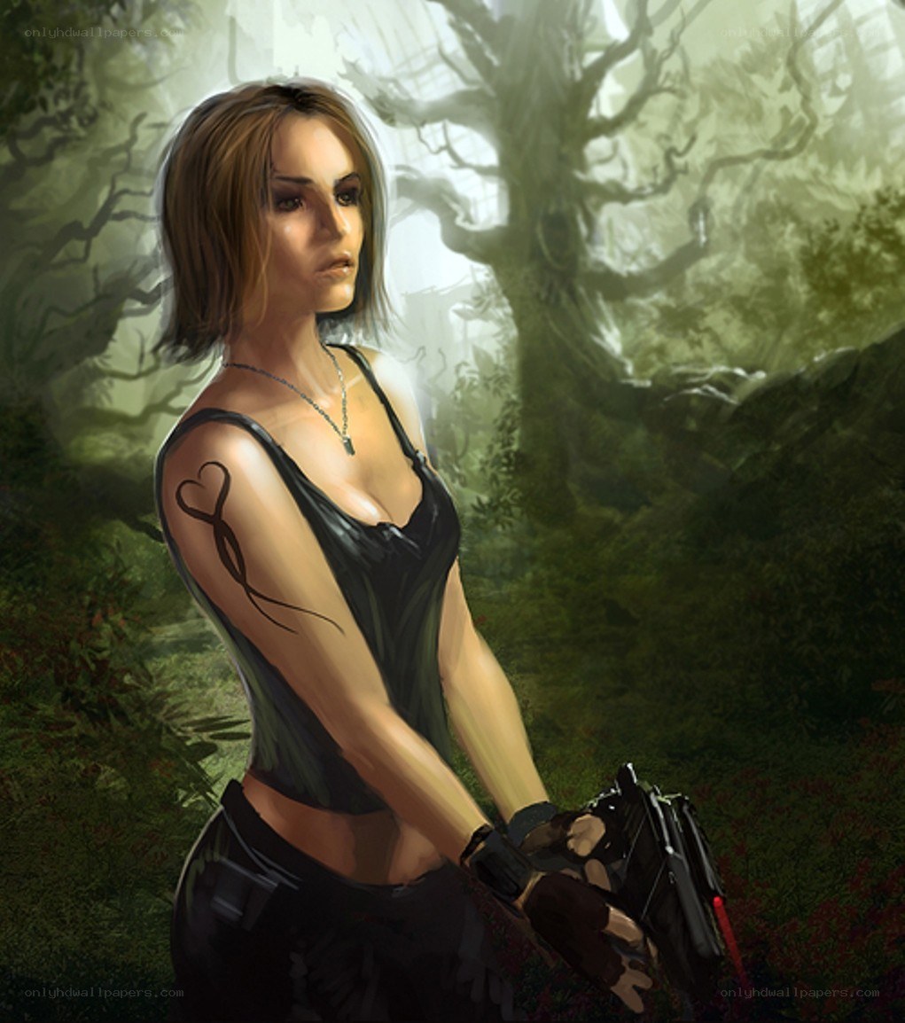 Woman with gun in forest