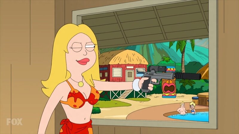 woman with gun in tropical scene