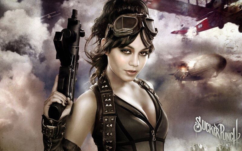 woman with gun in war scene