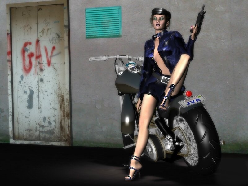 Woman with gun on motorcycle