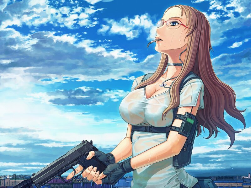 Woman with gun on rooftop