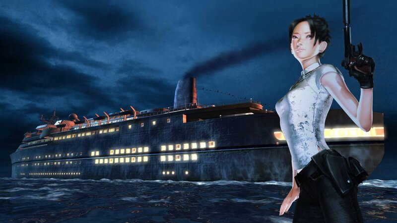 Woman with gun on ship deck