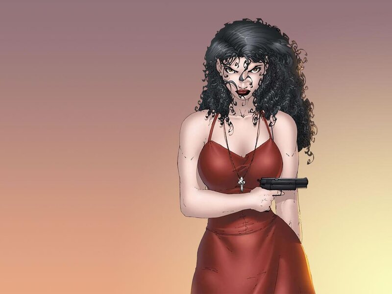 Woman with Gun — Red