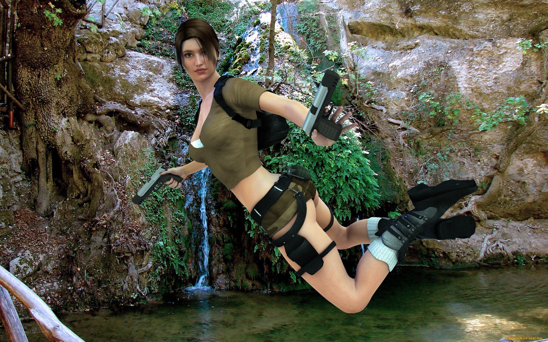 Woman with guns in forest