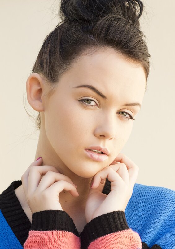 Woman with Hair in Bun — Blue, Neutral, Photograph