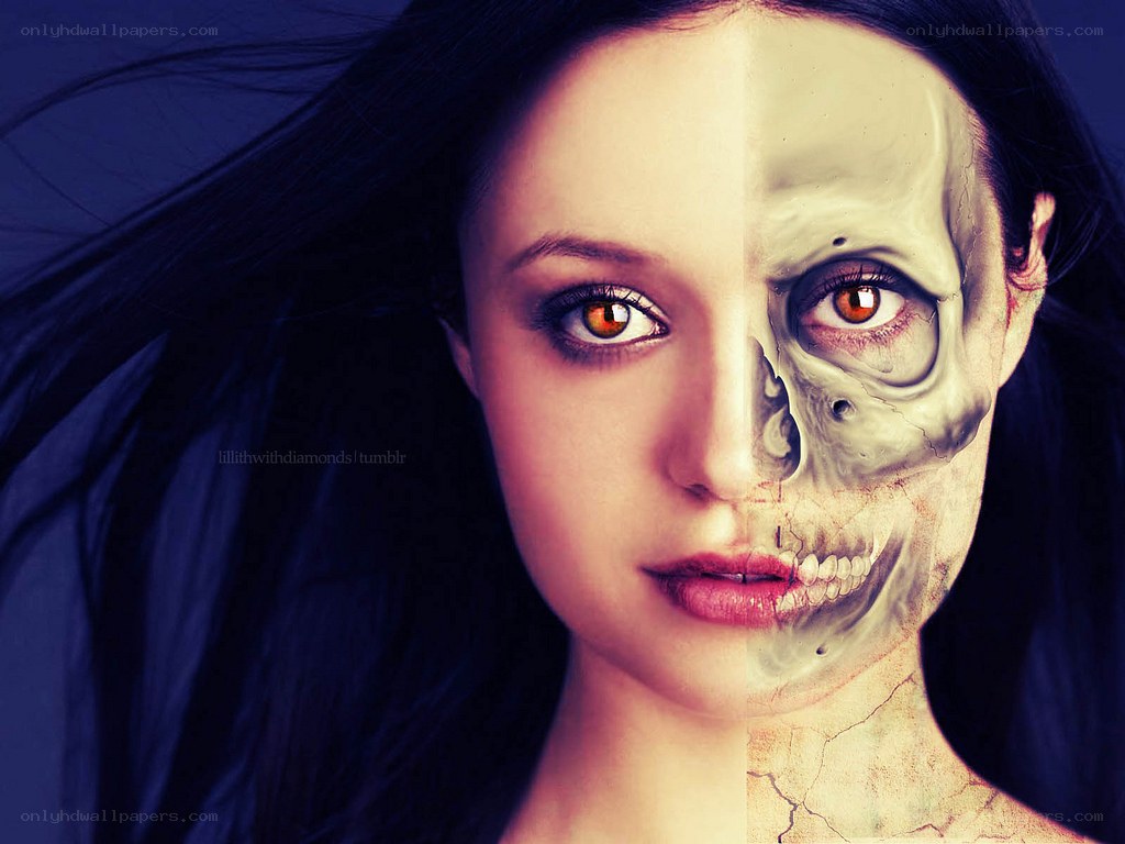 woman with half-skeleton face