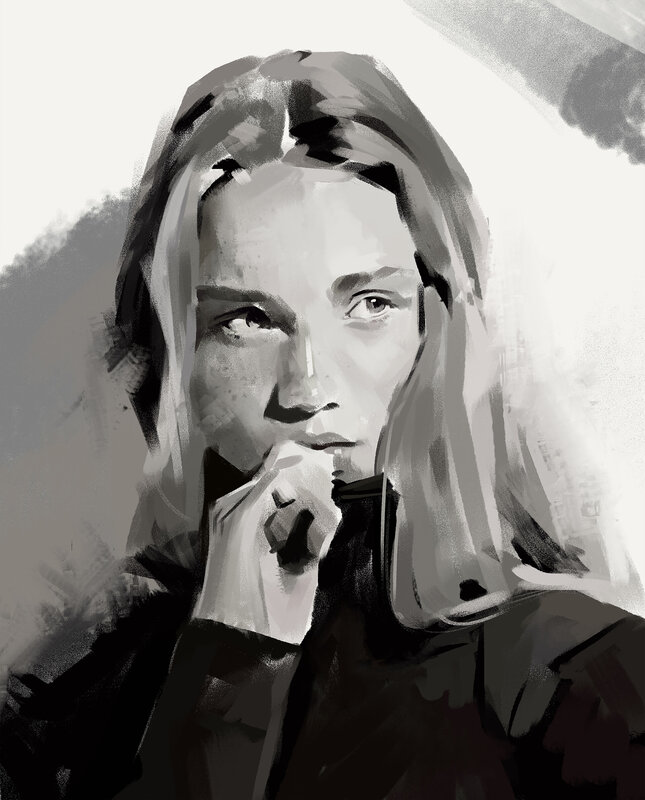 Woman with Hand on Chin — Black, Contemplative, Digital Art