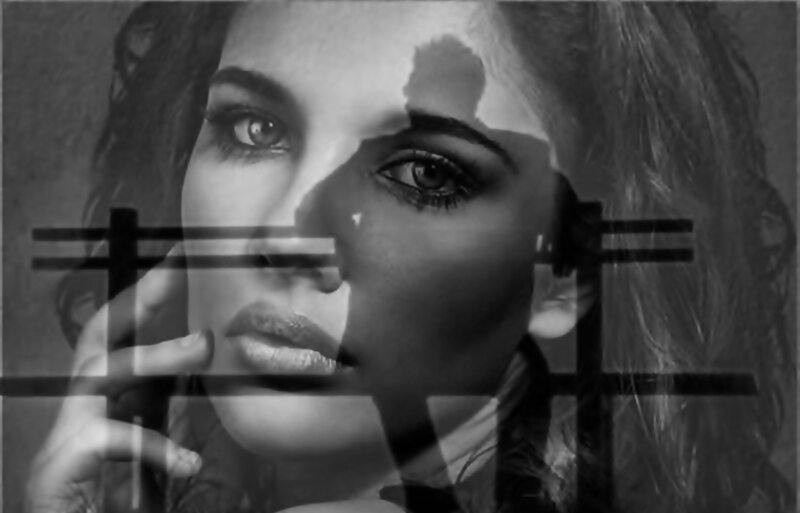 Woman with Hand on Face — Black, Dramatic, Photograph, Hair