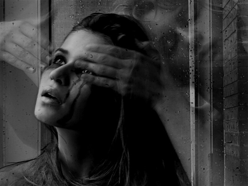 Woman with Hand on Face — Black, Dramatic, Photograph, Window