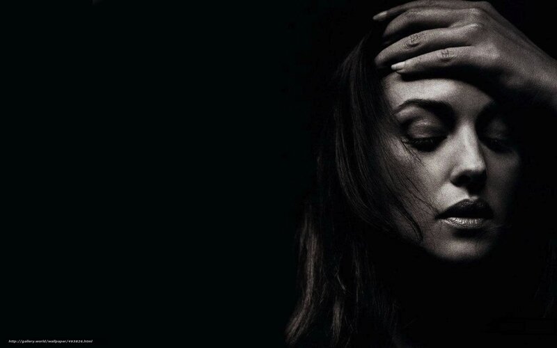 Woman with Hand on Forehead — Black, Dramatic, Photograph